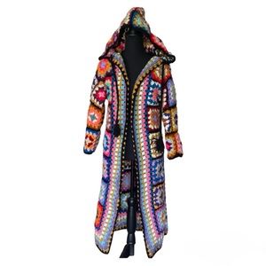 New granny square long cardigan with hood